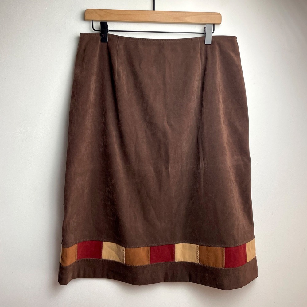 Vintage Brown Faux Suede Patchwork Skirt Sz 14 Earth Tone Retro Boho Western